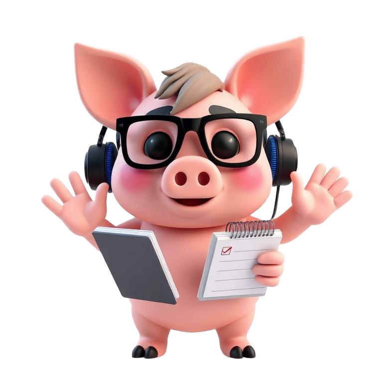 Piguee, o porquinho mascote, acenando e segurando uma lista de tarefas para os pais